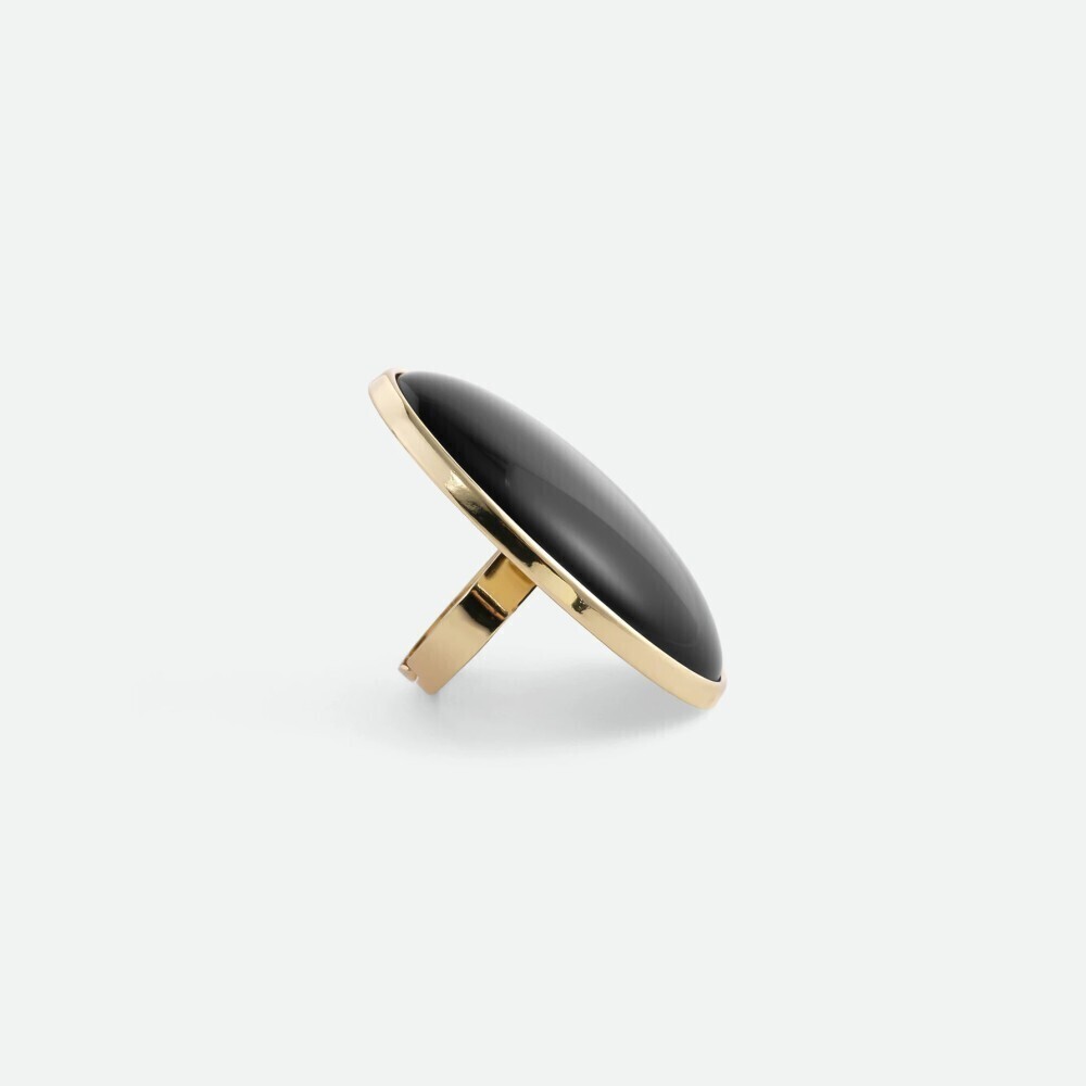 Black Domed Oval Cabochon Gold Tone Statement Cocktail Ring